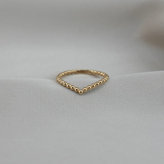 14k Gold Beaded V Ring