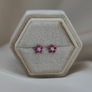 14k Gold Dark Pink Flower Earrings